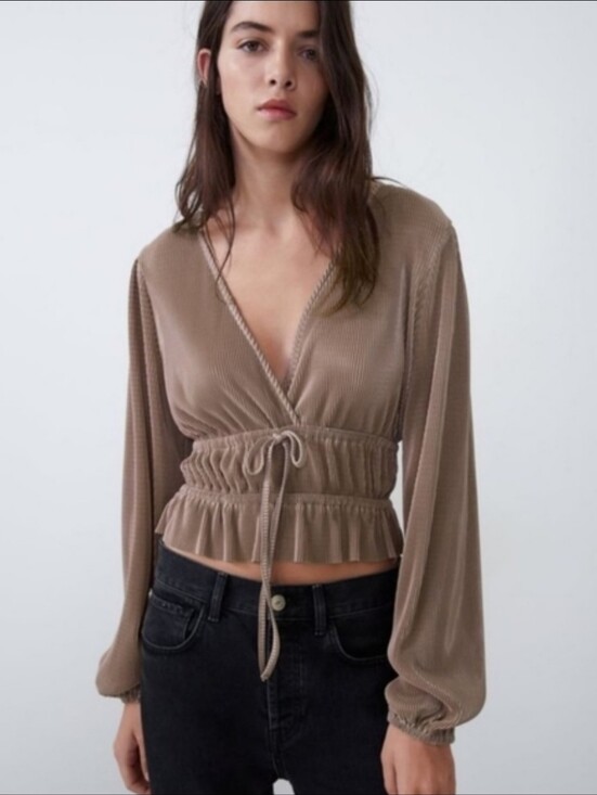Zara Tops - ZARA Taupe Pleated Wrap V-neck Top Large